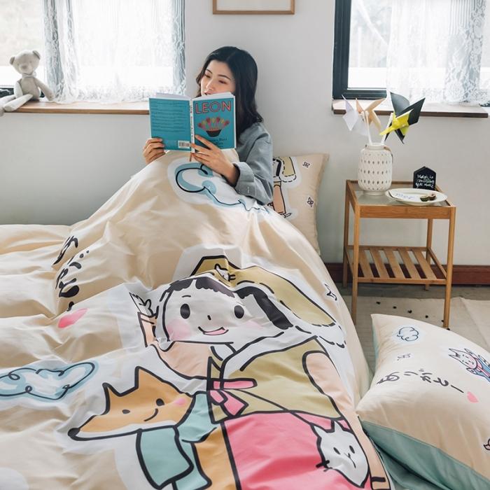 91家纺网 家纺一手货源 找家纺 窝米 2020设计师合作款大版卡通全棉四件套 桃太郎日记