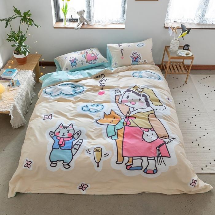 91家纺网 家纺一手货源 找家纺 窝米 2020设计师合作款大版卡通全棉四件套 桃太郎日记