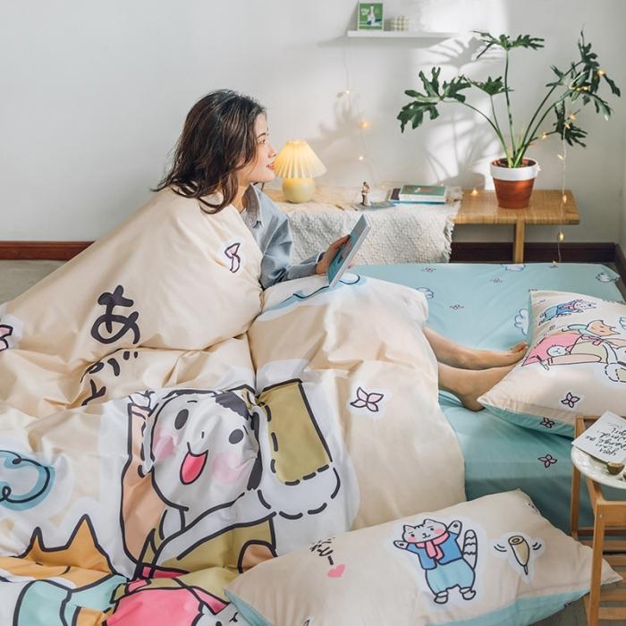 91家纺网 家纺一手货源 找家纺 窝米 2020设计师合作款大版卡通全棉四件套 桃太郎日记