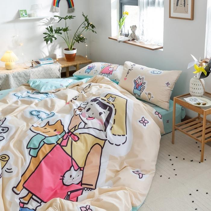 91家纺网 家纺一手货源 找家纺 窝米 2020设计师合作款大版卡通全棉四件套 桃太郎日记