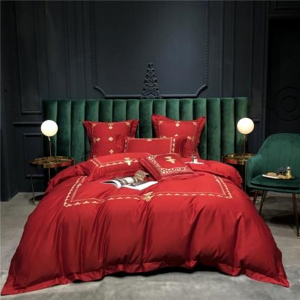 欧式结婚大红刺绣床上用品多件套纯棉双股长绒棉四件套凡尔赛红