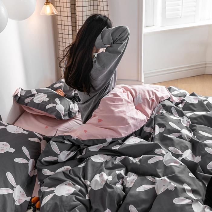 91家纺网 家纺一手货源 找家纺 窝米 2020春夏新品-萌系卡通风系列四件套 萌萌兔灰