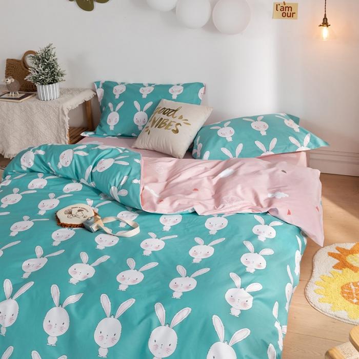 91家纺网 家纺一手货源 找家纺 窝米 2020春夏新品-萌系卡通风系列四件套 萌萌兔蓝