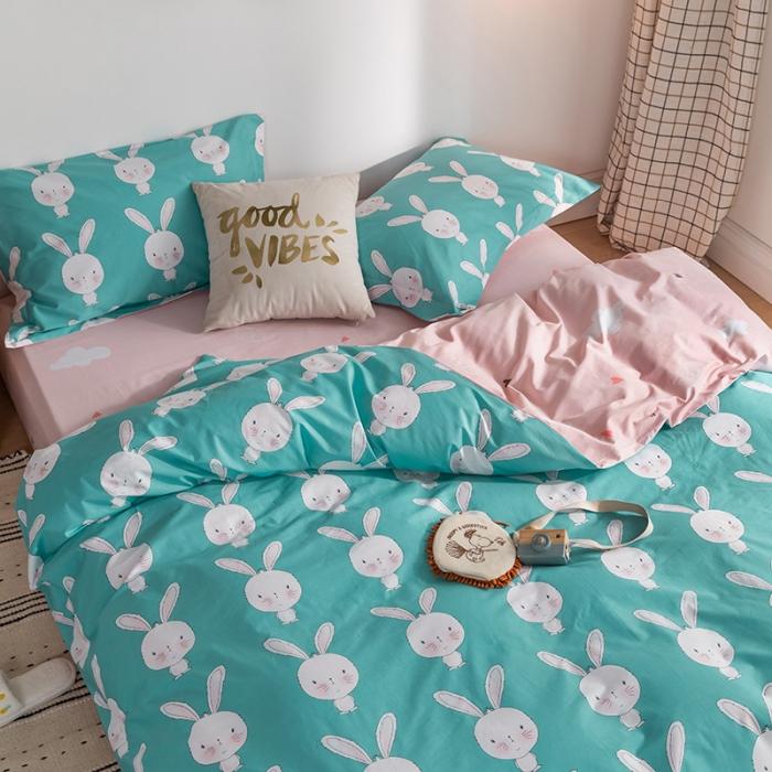 91家纺网 家纺一手货源 找家纺 窝米 2020春夏新品-萌系卡通风系列四件套 萌萌兔蓝