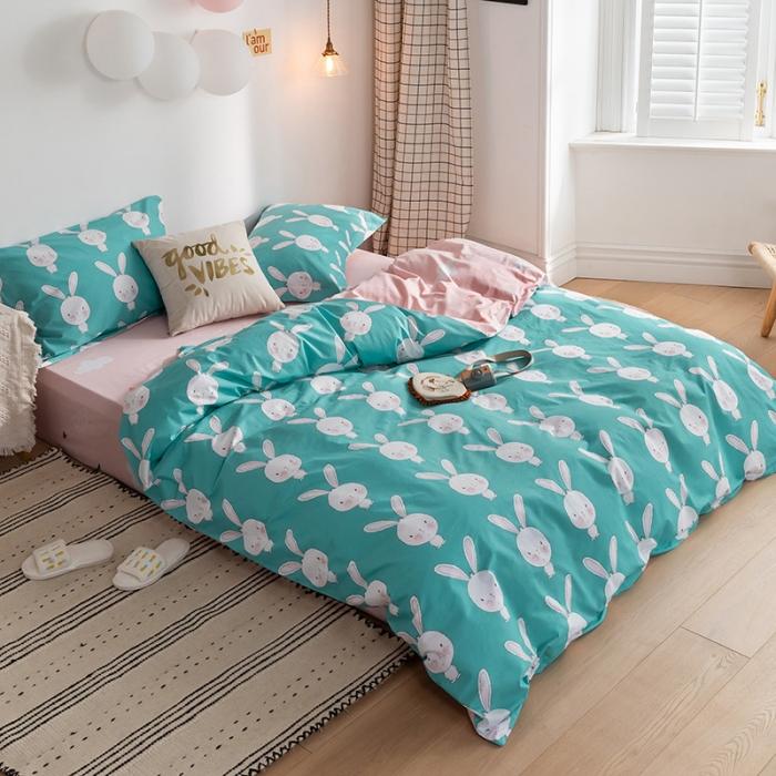 91家纺网 家纺一手货源 找家纺 窝米 2020春夏新品-萌系卡通风系列四件套 萌萌兔蓝