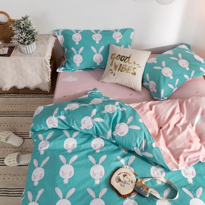 91家纺网 家纺一手货源 找家纺 窝米 2020春夏新品-萌系卡通风系列四件套 萌萌兔蓝