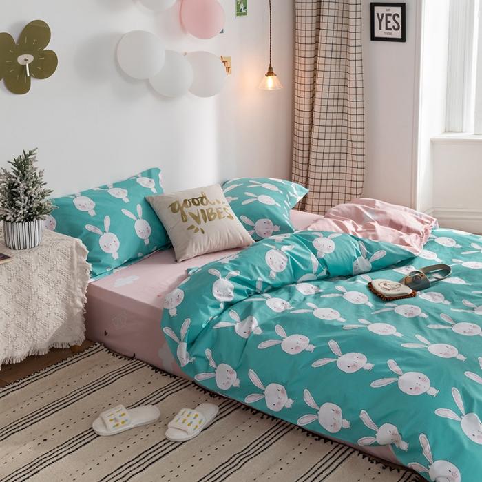 91家纺网 家纺一手货源 找家纺 窝米 2020春夏新品-萌系卡通风系列四件套 萌萌兔蓝