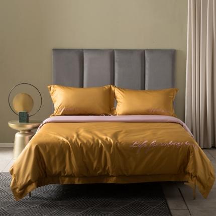 91家纺网 家纺一手货源 找家纺 太古汇 2020新款纯色双拼绣花四件套 奥丁黄