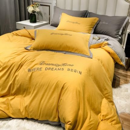 91家纺网 家纺一手货源 找家纺 索飞特 2021春夏新款高密度水洗棉宽边刺绣四件套 姜黄