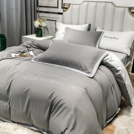 91家纺网 家纺一手货源 找家纺 索飞特 2021春夏新款高密度水洗棉宽边刺绣四件套 深灰