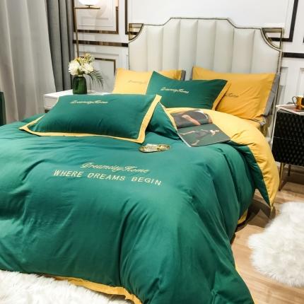 91家纺网 家纺一手货源 找家纺 索飞特 2021春夏新款高密度水洗棉宽边刺绣四件套 松石绿