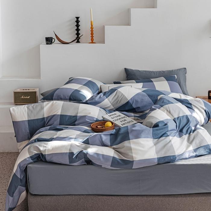 91家纺网 家纺一手货源 找家纺 简宜 2020新款纯棉四件套 蓝大格