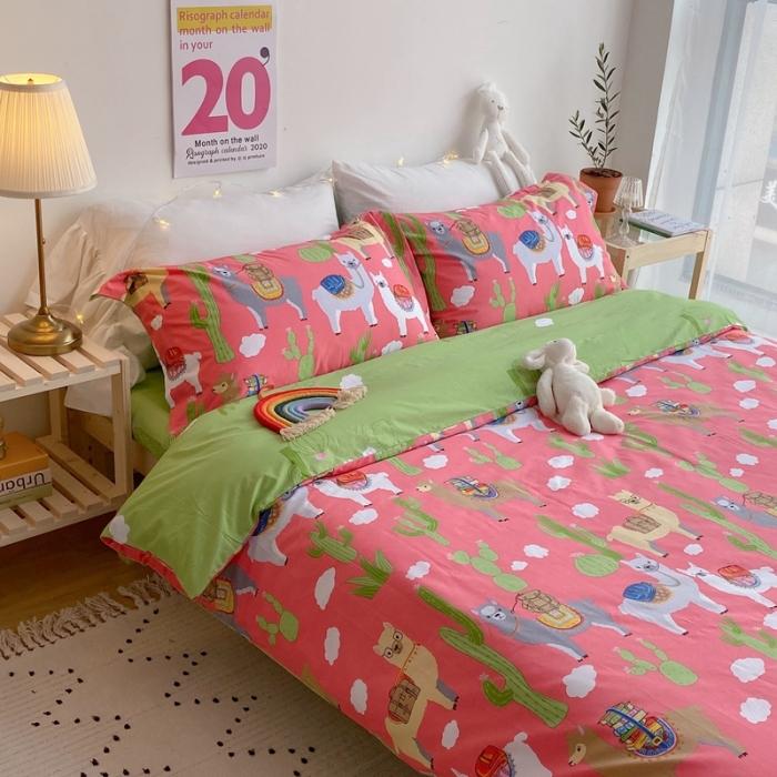 91家纺网 家纺一手货源 找家纺 窝米 2020春夏新品-萌系卡通风系列四件套 可爱羊驼粉