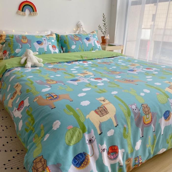 91家纺网 家纺一手货源 找家纺 窝米 2020春夏新品-萌系卡通风系列四件套 可爱羊驼蓝