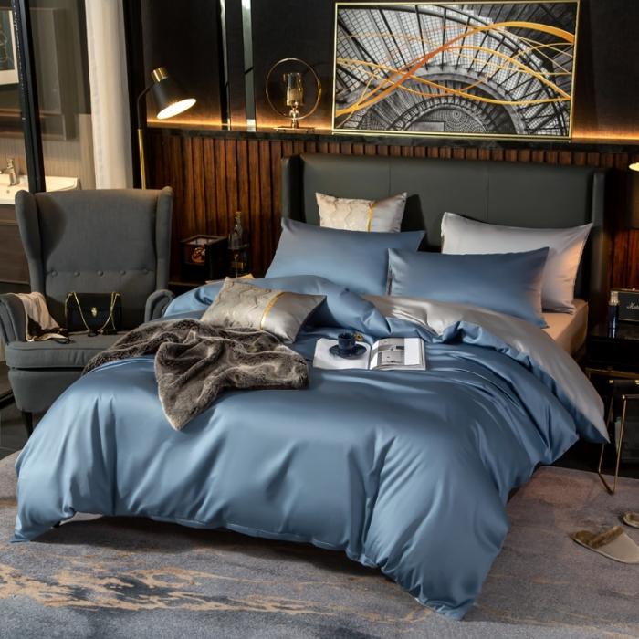 91家纺网 家纺一手货源 找家纺 绵庭家纺 2020新款长绒棉双拼四件套 宾利兰+浅灰