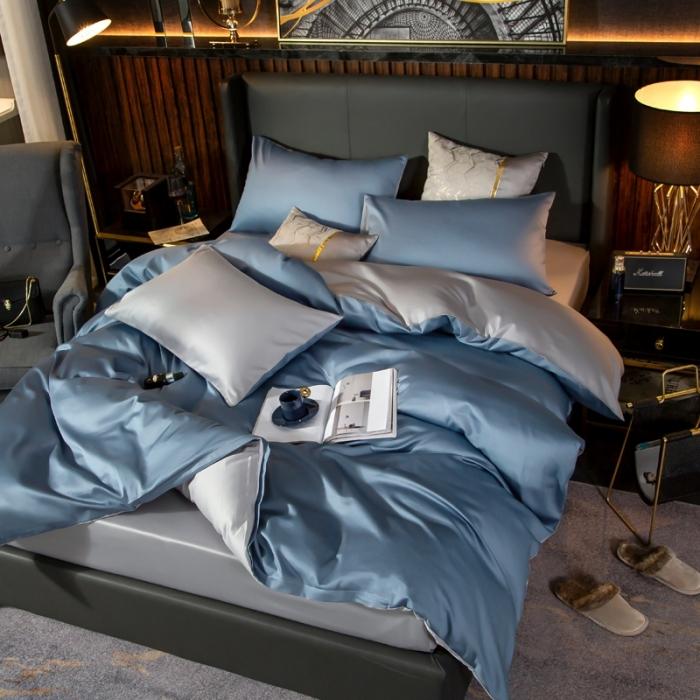 91家纺网 家纺一手货源 找家纺 绵庭家纺 2020新款长绒棉双拼四件套 宾利兰+浅灰