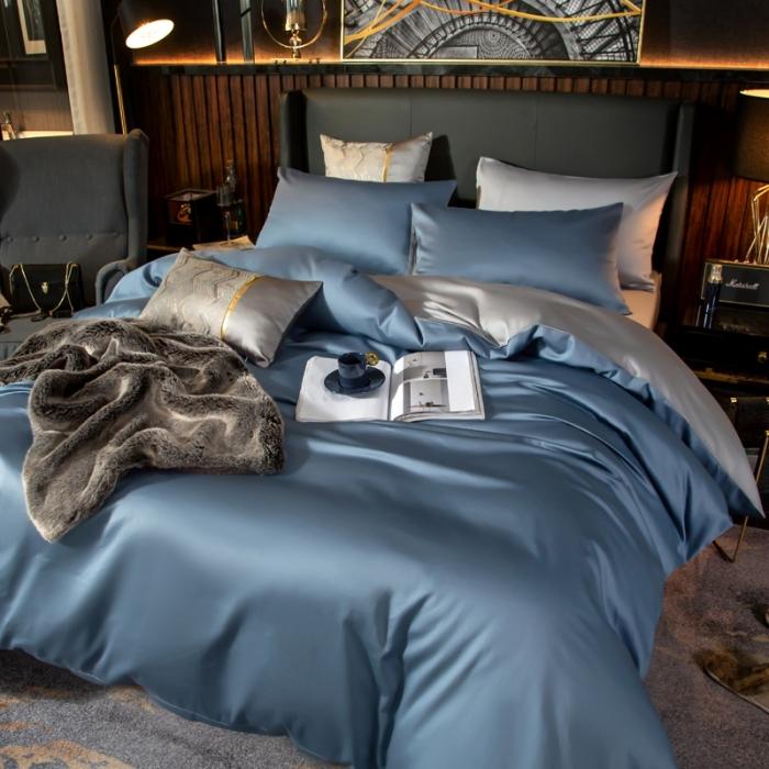 91家纺网 家纺一手货源 找家纺 绵庭家纺 2020新款长绒棉双拼四件套 宾利兰+浅灰