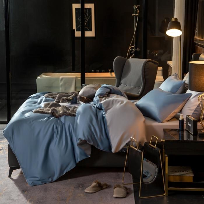 91家纺网 家纺一手货源 找家纺 绵庭家纺 2020新款长绒棉双拼四件套 宾利兰+浅灰