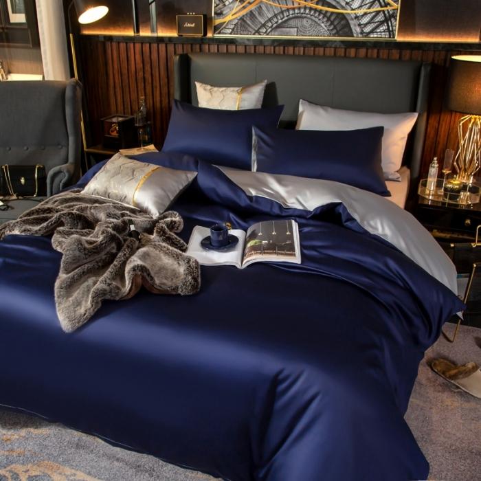 91家纺网 家纺一手货源 找家纺 绵庭家纺 2020新款长绒棉双拼四件套 藏青+浅灰