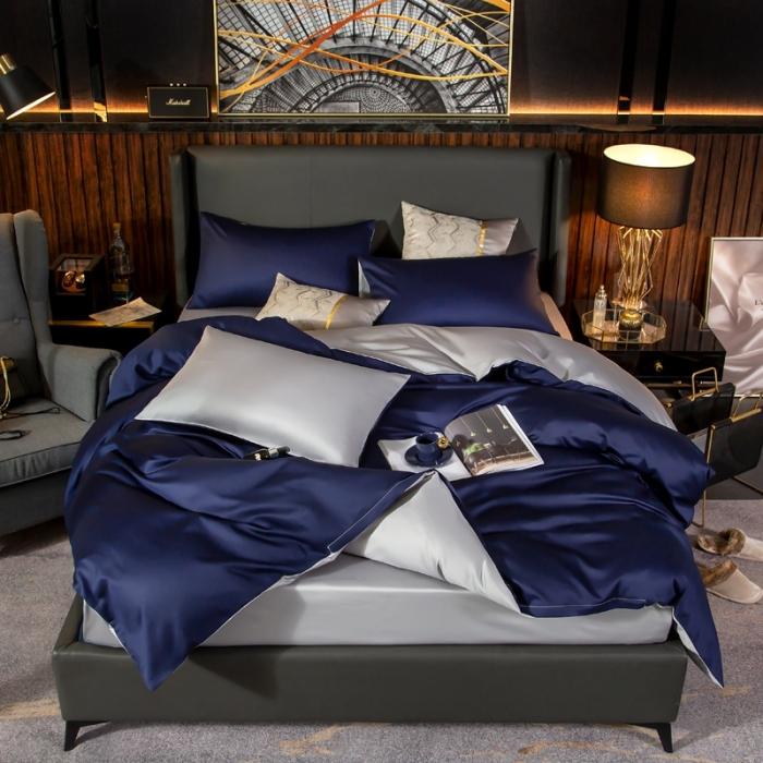 91家纺网 家纺一手货源 找家纺 绵庭家纺 2020新款长绒棉双拼四件套 藏青+浅灰