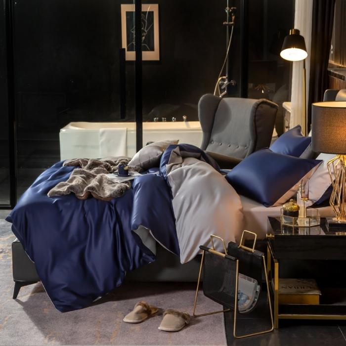 91家纺网 家纺一手货源 找家纺 绵庭家纺 2020新款长绒棉双拼四件套 藏青+浅灰