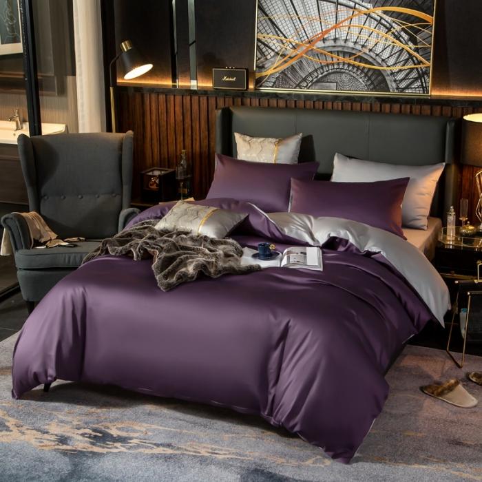 91家纺网 家纺一手货源 找家纺 绵庭家纺 2020新款长绒棉双拼四件套 帝王紫+浅灰