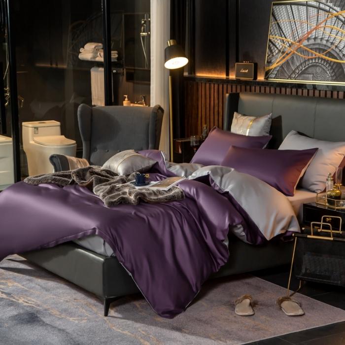 91家纺网 家纺一手货源 找家纺 绵庭家纺 2020新款长绒棉双拼四件套 帝王紫+浅灰