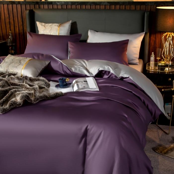 91家纺网 家纺一手货源 找家纺 绵庭家纺 2020新款长绒棉双拼四件套 帝王紫+浅灰