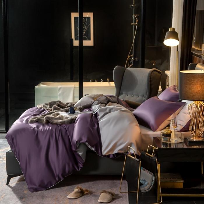 91家纺网 家纺一手货源 找家纺 绵庭家纺 2020新款长绒棉双拼四件套 帝王紫+浅灰