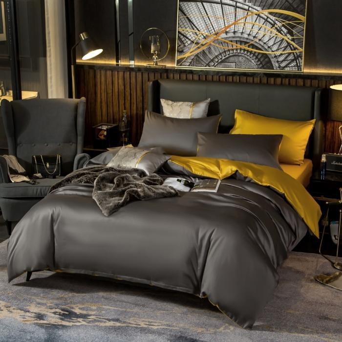 91家纺网 家纺一手货源 找家纺 绵庭家纺 2020新款长绒棉双拼四件套 高级灰+姜黄