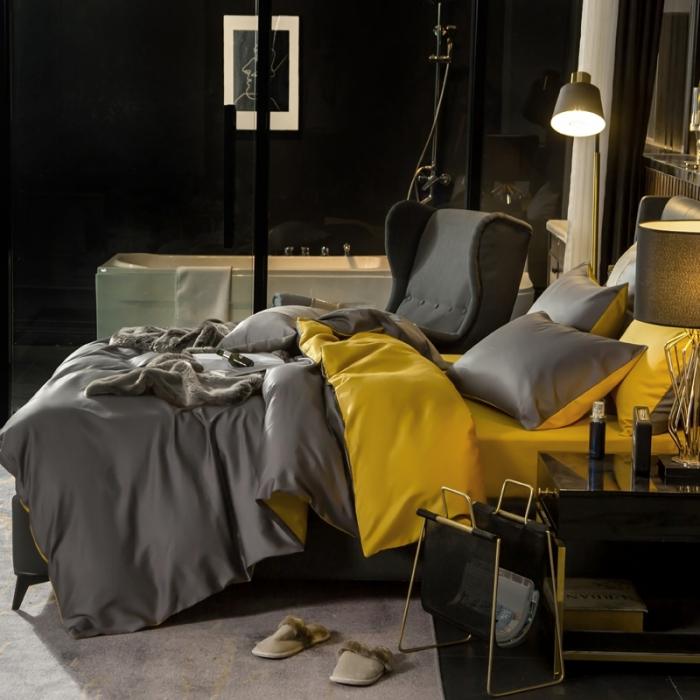 91家纺网 家纺一手货源 找家纺 绵庭家纺 2020新款长绒棉双拼四件套 高级灰+姜黄