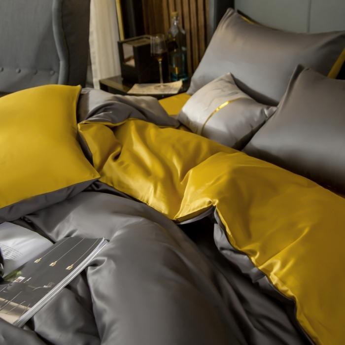 91家纺网 家纺一手货源 找家纺 绵庭家纺 2020新款长绒棉双拼四件套 高级灰+姜黄