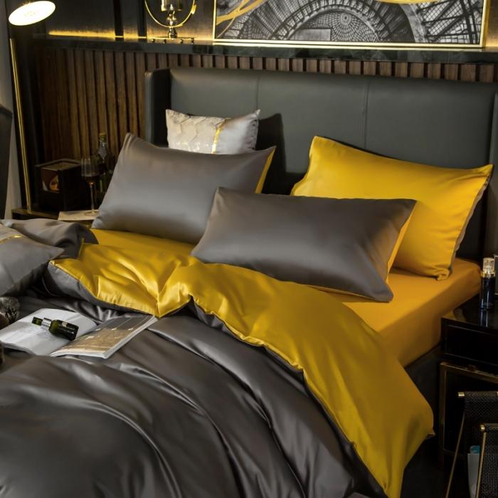 91家纺网 家纺一手货源 找家纺 绵庭家纺 2020新款长绒棉双拼四件套 高级灰+姜黄