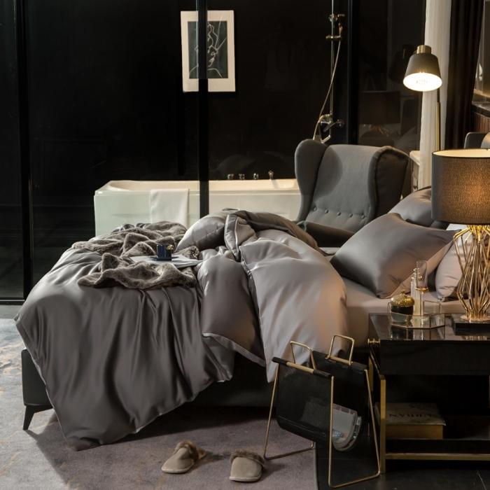 91家纺网 家纺一手货源 找家纺 绵庭家纺 2020新款长绒棉双拼四件套 高级灰+浅灰