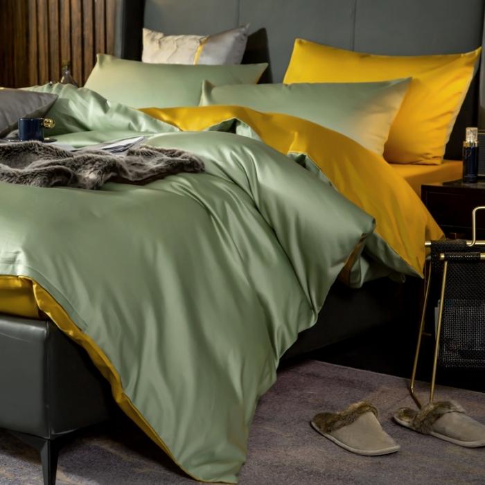 91家纺网 家纺一手货源 找家纺 绵庭家纺 2020新款长绒棉双拼四件套 灰绿+姜黄