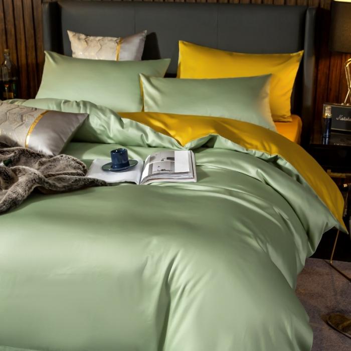 91家纺网 家纺一手货源 找家纺 绵庭家纺 2020新款长绒棉双拼四件套 灰绿+姜黄