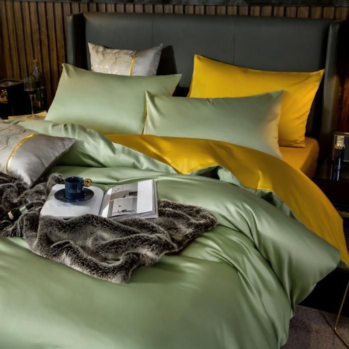 91家纺网 家纺一手货源 找家纺 绵庭家纺 2020新款长绒棉双拼四件套 灰绿+姜黄