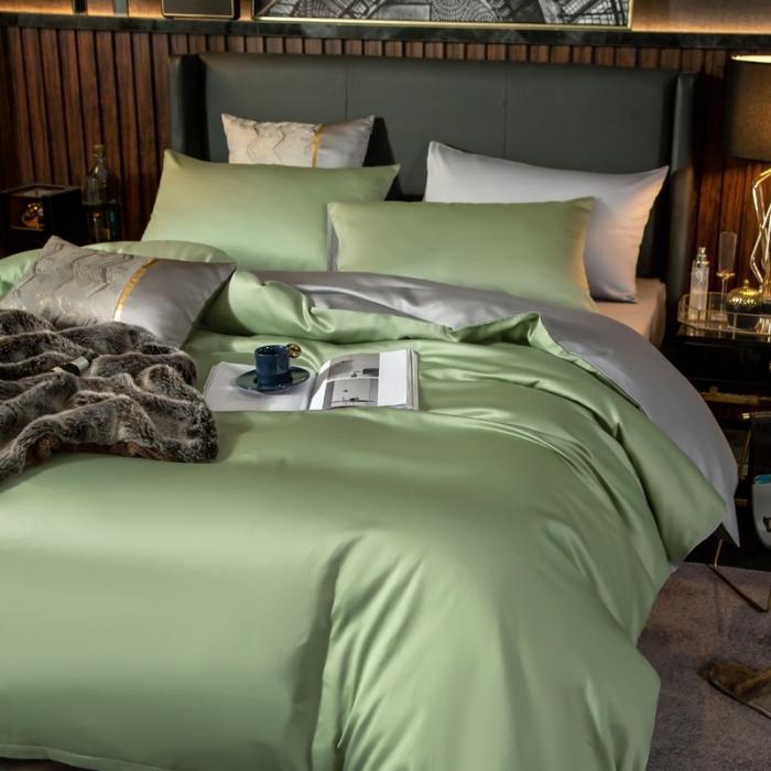 91家纺网 家纺一手货源 找家纺 绵庭家纺 2020新款长绒棉双拼四件套 灰绿+浅灰