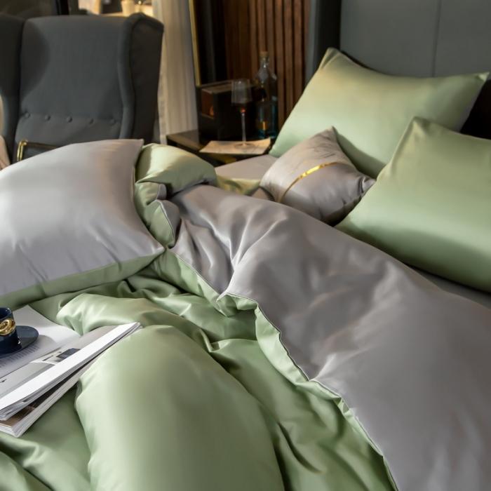 91家纺网 家纺一手货源 找家纺 绵庭家纺 2020新款长绒棉双拼四件套 灰绿+浅灰