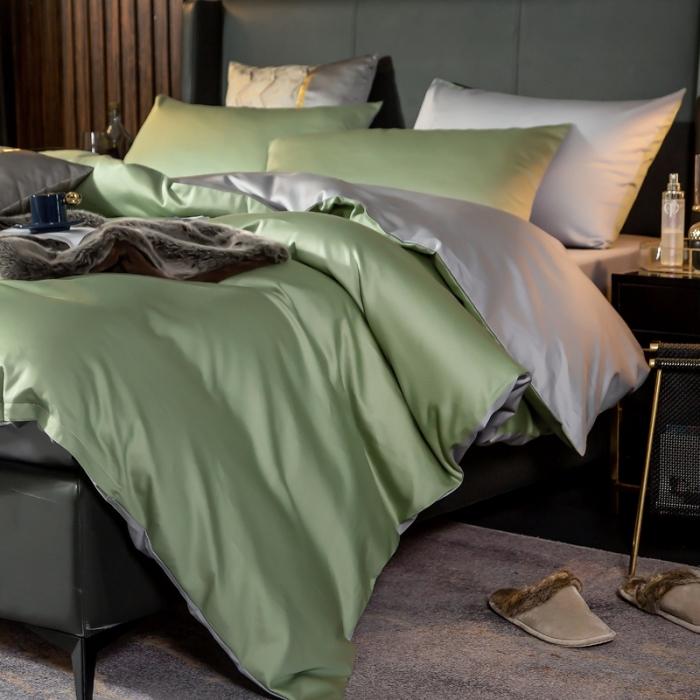 91家纺网 家纺一手货源 找家纺 绵庭家纺 2020新款长绒棉双拼四件套 灰绿+浅灰