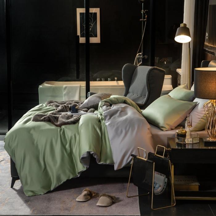 91家纺网 家纺一手货源 找家纺 绵庭家纺 2020新款长绒棉双拼四件套 灰绿+浅灰