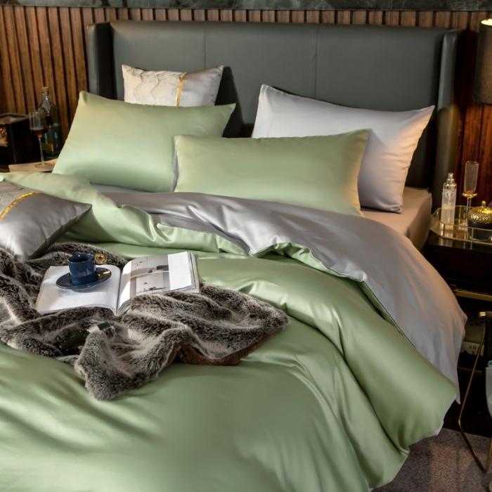 91家纺网 家纺一手货源 找家纺 绵庭家纺 2020新款长绒棉双拼四件套 灰绿+浅灰