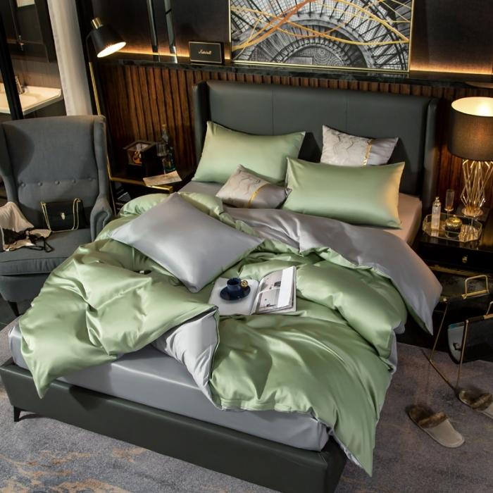 91家纺网 家纺一手货源 找家纺 绵庭家纺 2020新款长绒棉双拼四件套 灰绿+浅灰