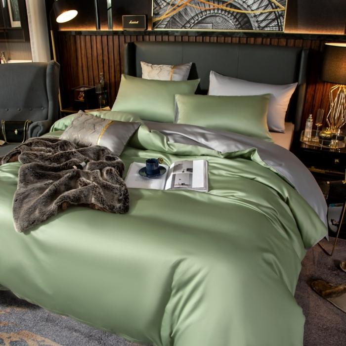 91家纺网 家纺一手货源 找家纺 绵庭家纺 2020新款长绒棉双拼四件套 灰绿+浅灰