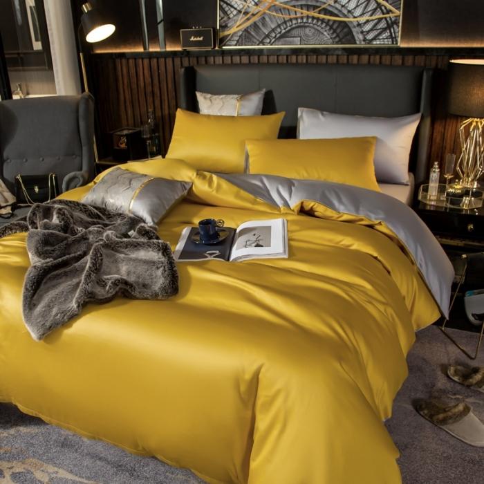 91家纺网 家纺一手货源 找家纺 绵庭家纺 2020新款长绒棉双拼四件套 姜黄+浅灰