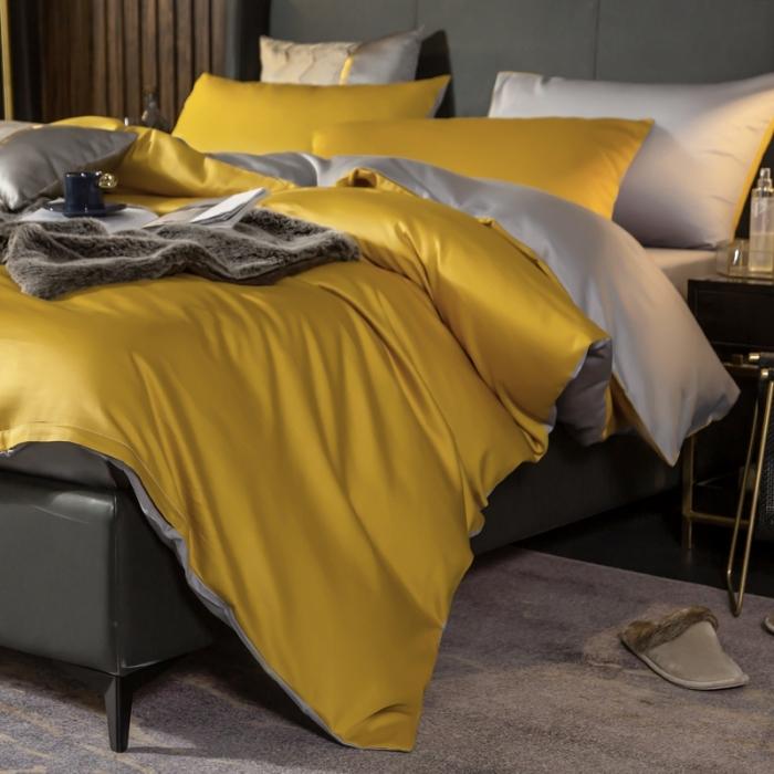 91家纺网 家纺一手货源 找家纺 绵庭家纺 2020新款长绒棉双拼四件套 姜黄+浅灰