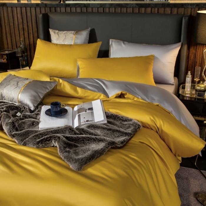 91家纺网 家纺一手货源 找家纺 绵庭家纺 2020新款长绒棉双拼四件套 姜黄+浅灰