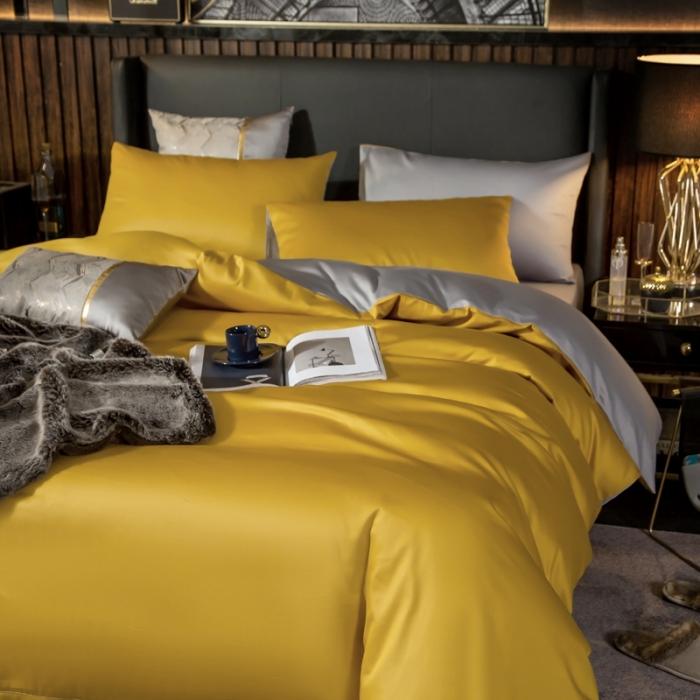 91家纺网 家纺一手货源 找家纺 绵庭家纺 2020新款长绒棉双拼四件套 姜黄+浅灰