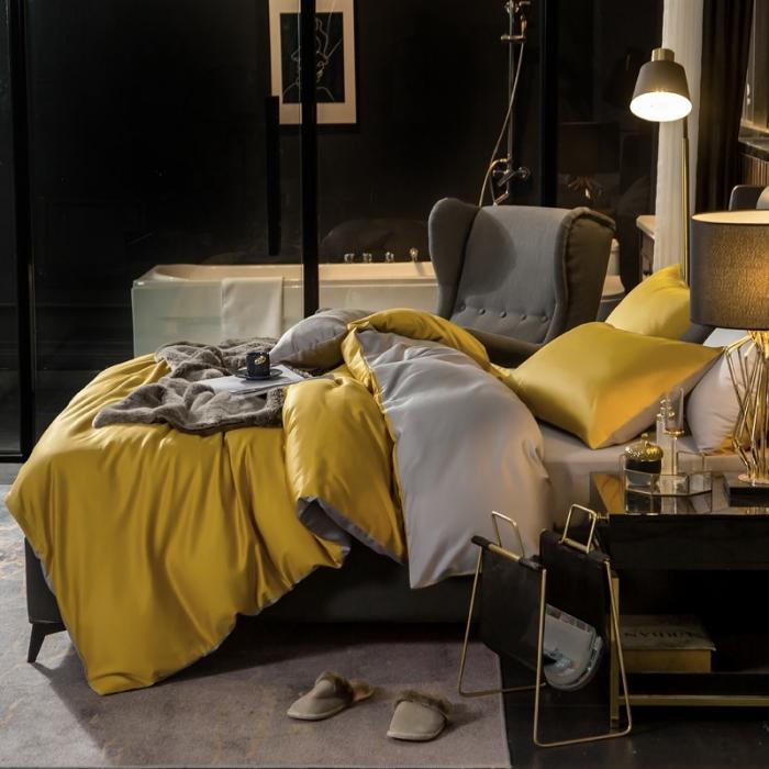 91家纺网 家纺一手货源 找家纺 绵庭家纺 2020新款长绒棉双拼四件套 姜黄+浅灰