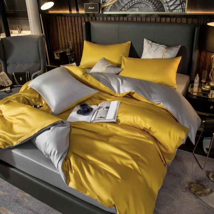 91家纺网 家纺一手货源 找家纺 绵庭家纺 2020新款长绒棉双拼四件套 姜黄+浅灰